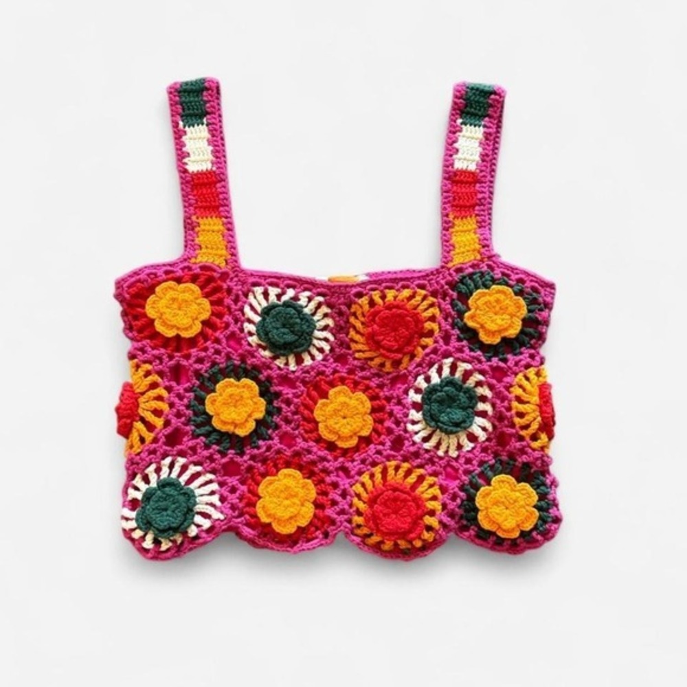 FARM Rio Crochet Flower Crop Tank Top Pink Yellow Green S